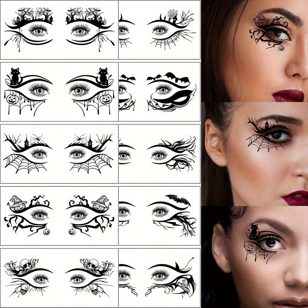 10 Halloween-Themed Eye Tattoos Featuring Designs of Skulls, Pumpkins, Cats, Bats, Spiders, And Spider Webs, Perfect for Quirky Face Makeup at Halloween Parties