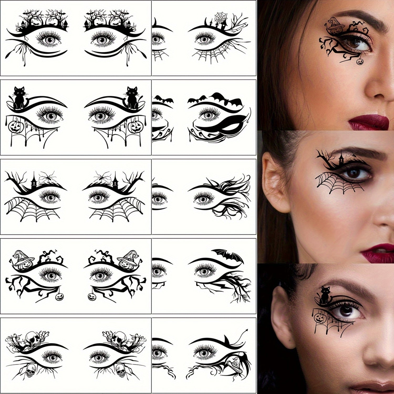 10 Halloween-Themed Eye Tattoos Featuring Designs of Skulls, Pumpkins, Cats, Bats, Spiders, And Spider Webs, Perfect for Quirky Face Makeup at Halloween Parties