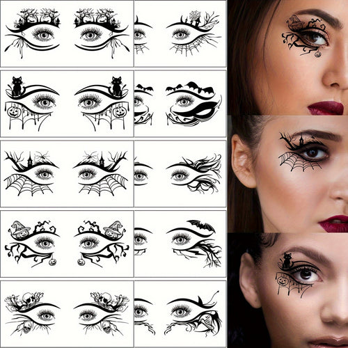 10 Halloween-Themed Eye Tattoos Featuring Designs of Skulls, Pumpkins, Cats, Bats, Spiders, And Spider Webs, Perfect for Quirky Face Makeup at Halloween Parties