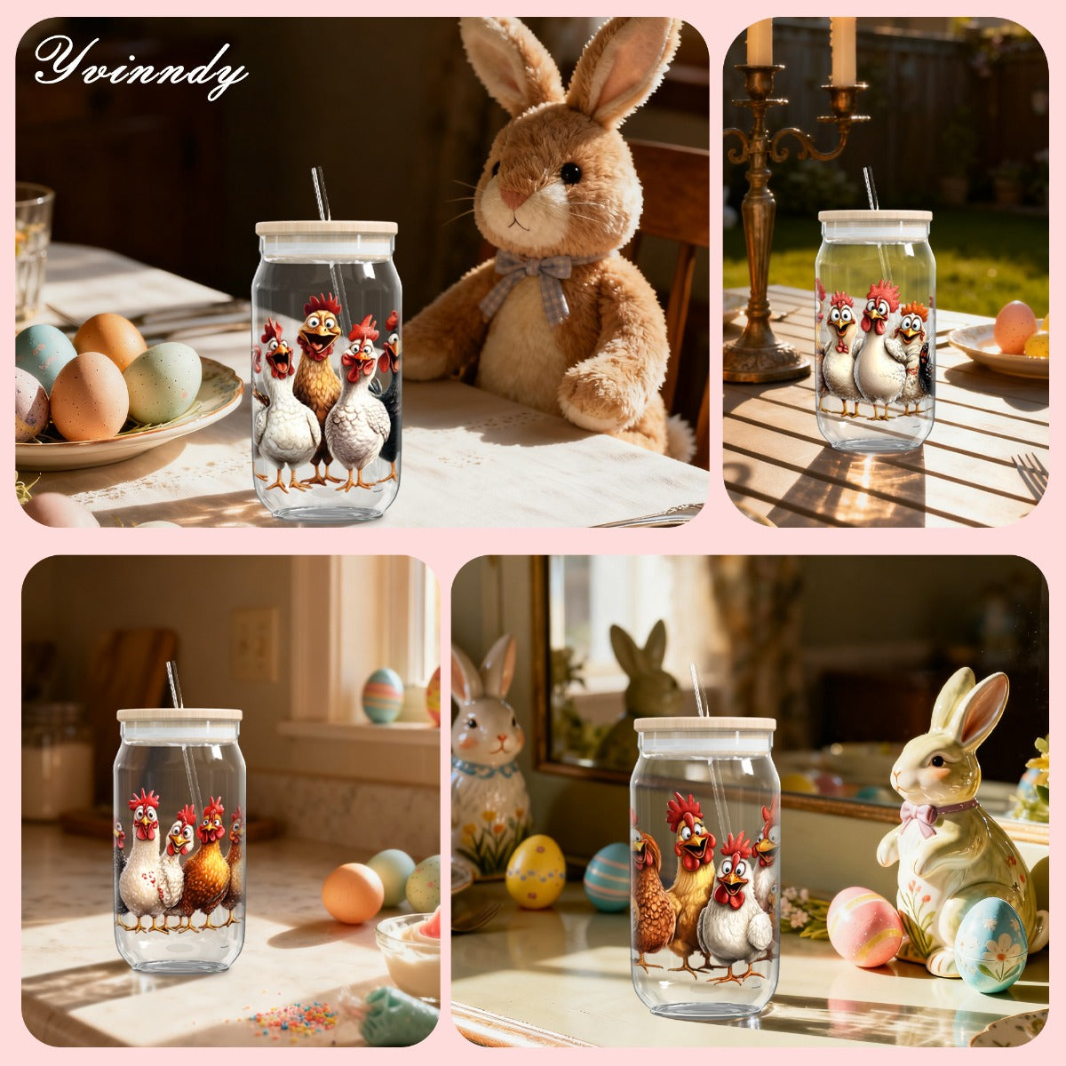 Four Happy Chicken Family UV DTF Transfer Stickers, Scratch-Resistant, Suitable for 16Oz Cups, Bottles, And Home Decor. Beautiful Lady Transfer Stickers, Perfect for Crafts