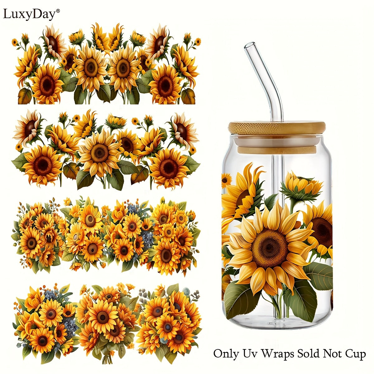 4pcs LUXYDAY 4pcs Sunflower UV-DTF Transfer Stickers Suitable for Plastic, Glass, Metal - Self-Adhesive High Quality Vinyl Iron- Sheets with Semi-Matte Suitable for DIY Crafts, Mason Jars, Cups, Bottles, Furniture Decoration - Residue-Free