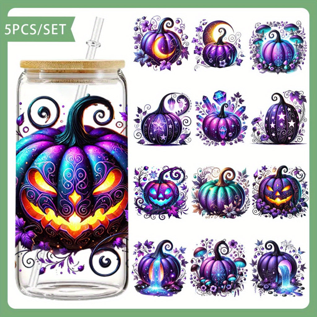 5pcs/SET Purple Evil Pumpkin DIY Light Beigeny Tumblers Wrap Decorative Transfer Paper UV DTF High Self-adhensive Wraps Transfers Decor Transfer Paper On Cup