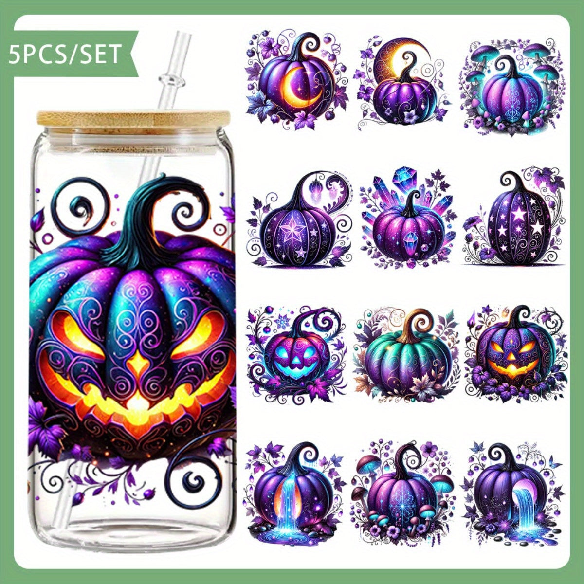 5pcs/SET Purple Evil Pumpkin DIY Light Beigeny Tumblers Wrap Decorative Transfer Paper UV DTF High Self-adhensive Wraps Transfers Decor Transfer Paper On Cup