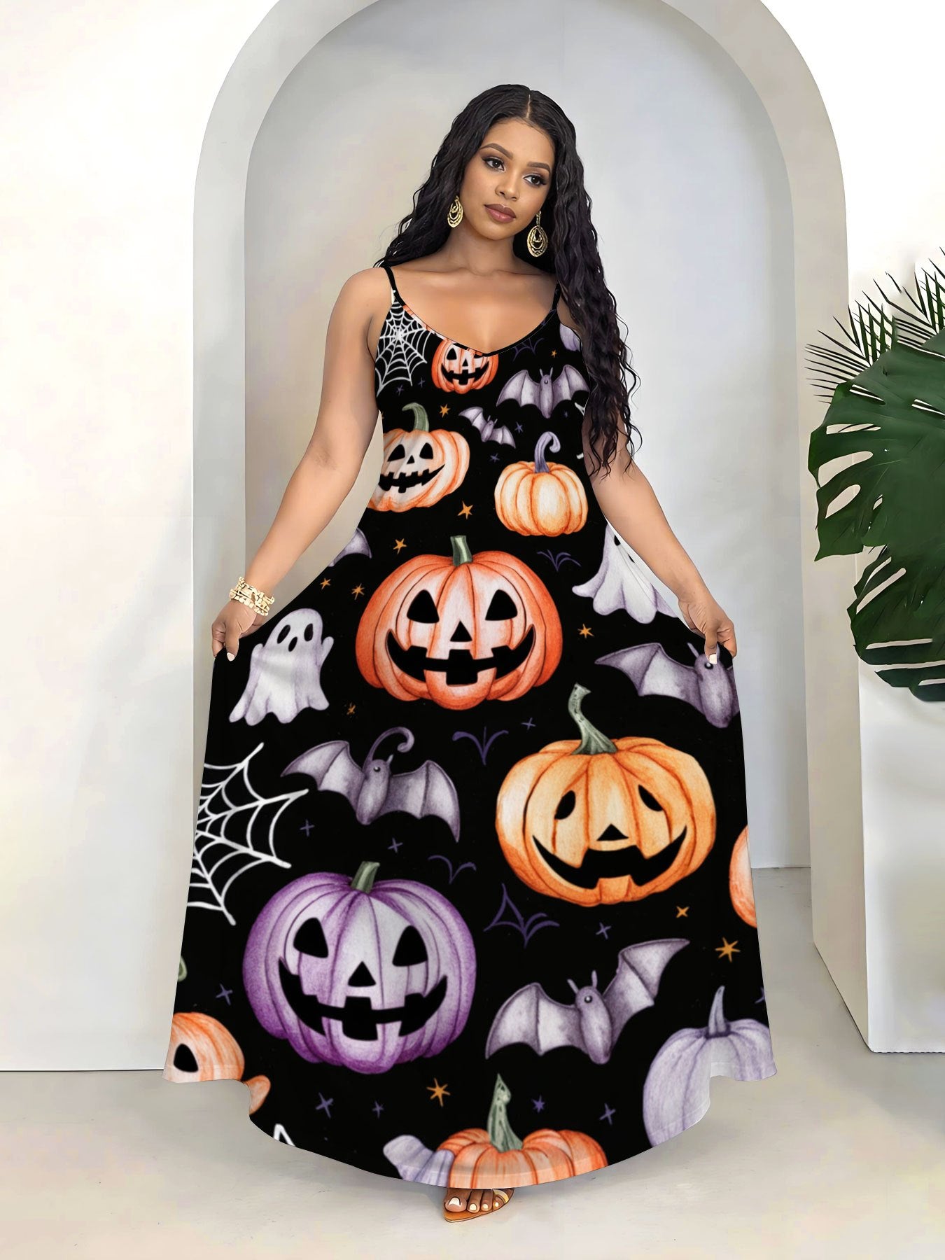 Plus Size Women'S Halloween Pumpkin Ghost Bat Spider Web Printed Suspender Dress V-Neck Sleeveless Long A-Line Skirt Perfect for Spring Summer Casual Sport Wear Halloween Party Chic
