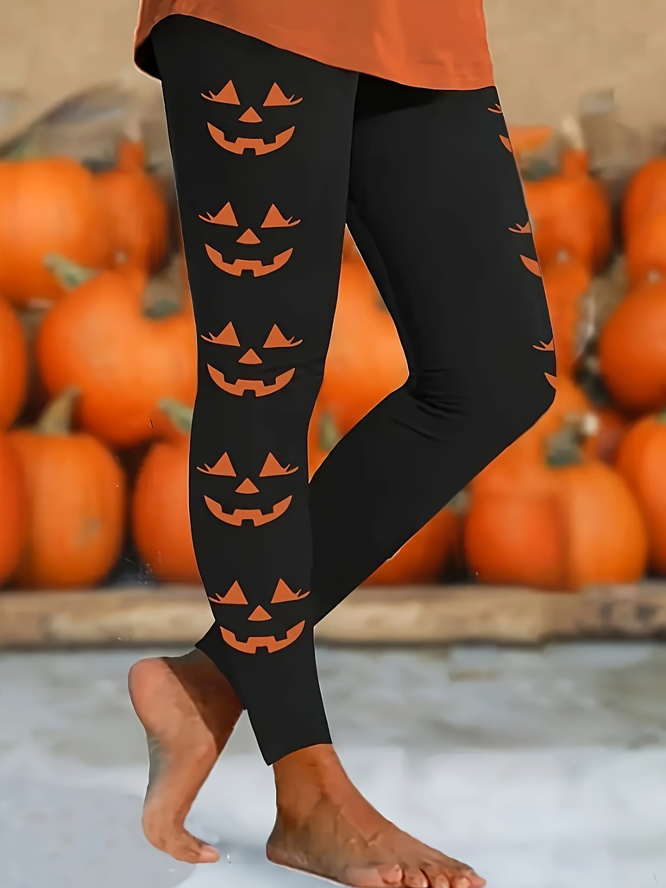 Women's Halloween Pants - Skinny Fit Leggings with Pumpkin Print, Non-Transparent Stretchy Fabric for Halloween Party Outfits, Year-Round Wear - Machine Washable Costume Pants, Festive Attire, Festive Design, Comfortable Wear, Holiday Attire, Trendy Desi