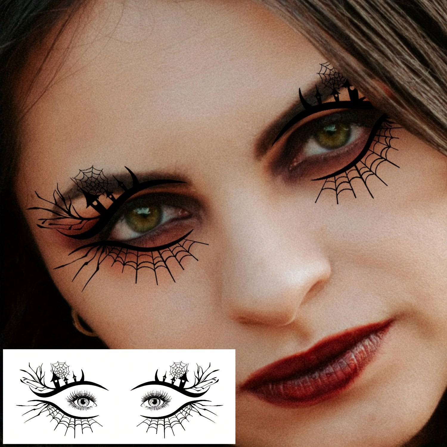 10 Halloween-Themed Eye Tattoos Featuring Designs of Skulls, Pumpkins, Cats, Bats, Spiders, And Spider Webs, Perfect for Quirky Face Makeup at Halloween Parties