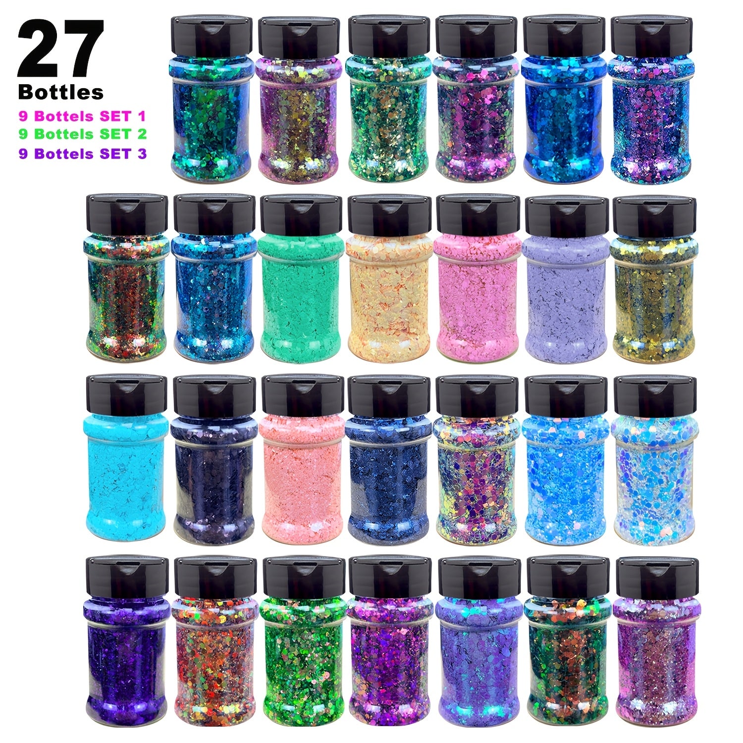 [9bottles/SET, 27 Different Colors, Total 3 Sets] Chameleon Glitter Chunky Mixes Sequins 9-color Set, 7.95oz/ 225 G Color-changing Craft Sequins, Color Shift Glitter. Color Shift Glitter Set Of Solvent-resistant Sequins, Suitable for Craft