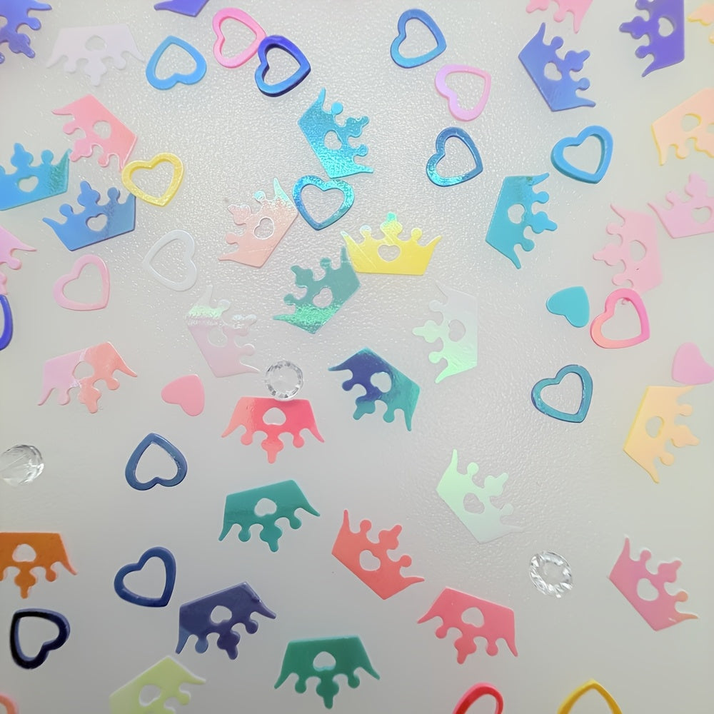 1980pcs, Assorted Glitter Decorations Featuring Sparkling Crowns, Interlocking Hearts, And Rhinestone Shapes | Holographic Iridescent Laser Glitter, PVC Material, Laser-Cut, Glossy And Sparkling, Perfect for Parties, Mother'S Day, Weddings