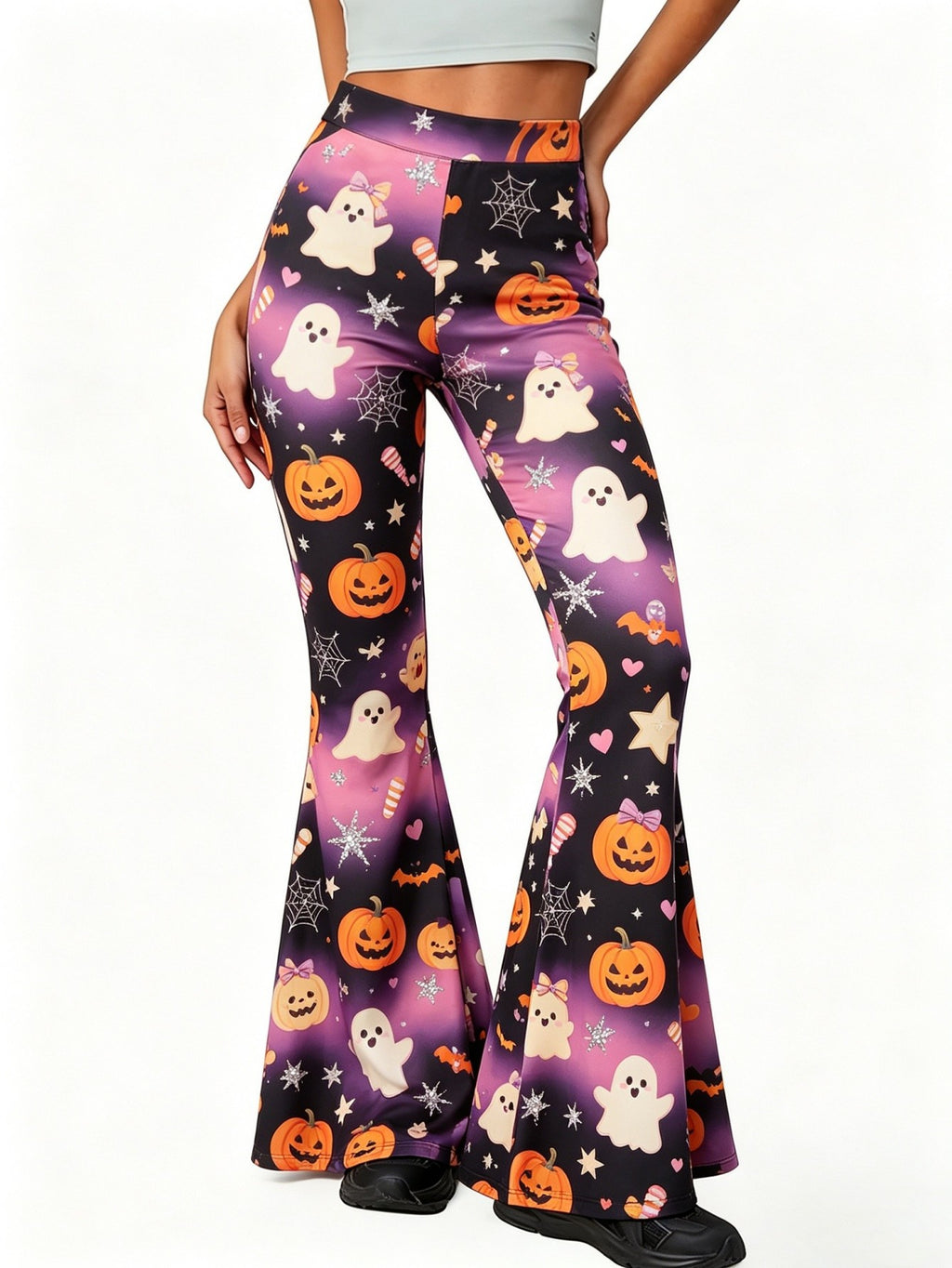 Women'S Halloween Ghost Pumpkin Flare Pants, Cute Spooky Print Casual Street Style Fun Festive Holiday Fashion