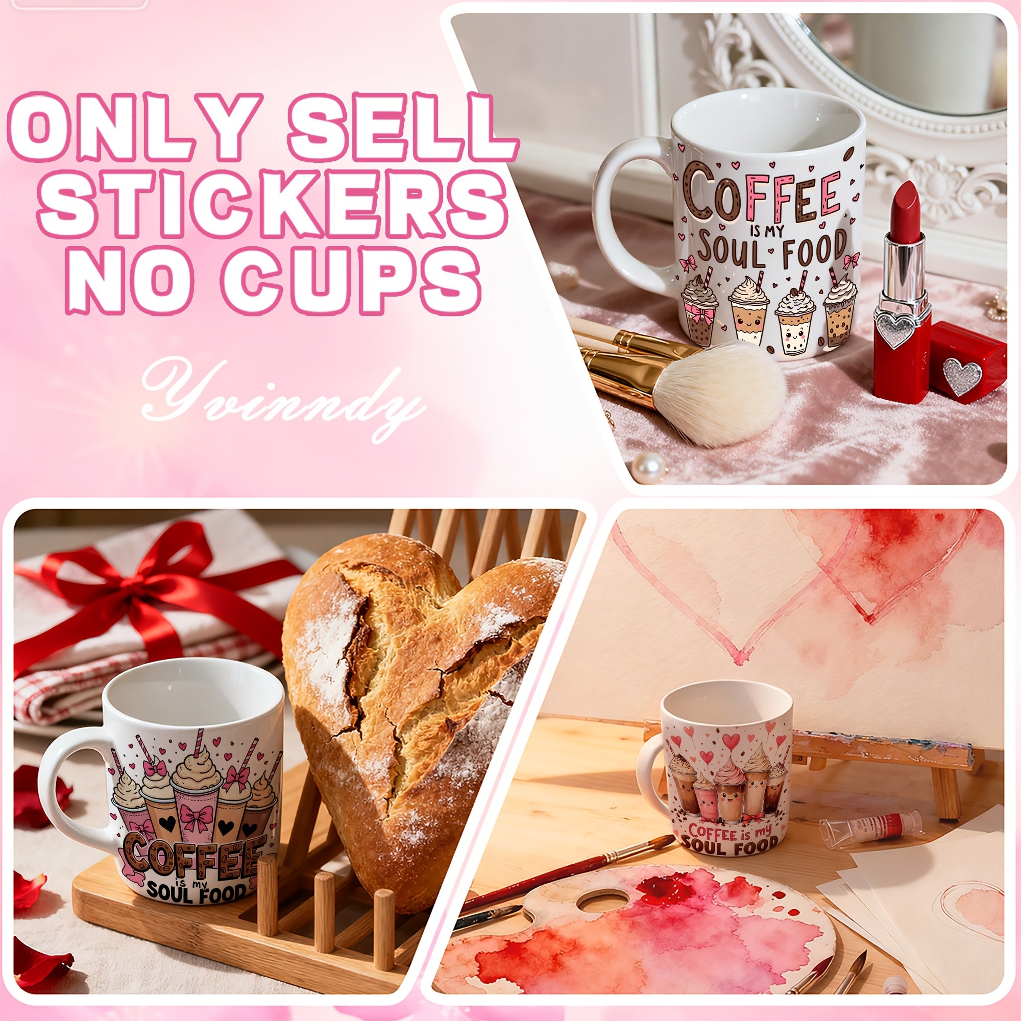 Set of 12 Valentine'S Day Coffee-Themed Light Beige Tumblers with Decorative Transfer Paper, Featuring UV DTF High Self- Wraps for Cup Decoration