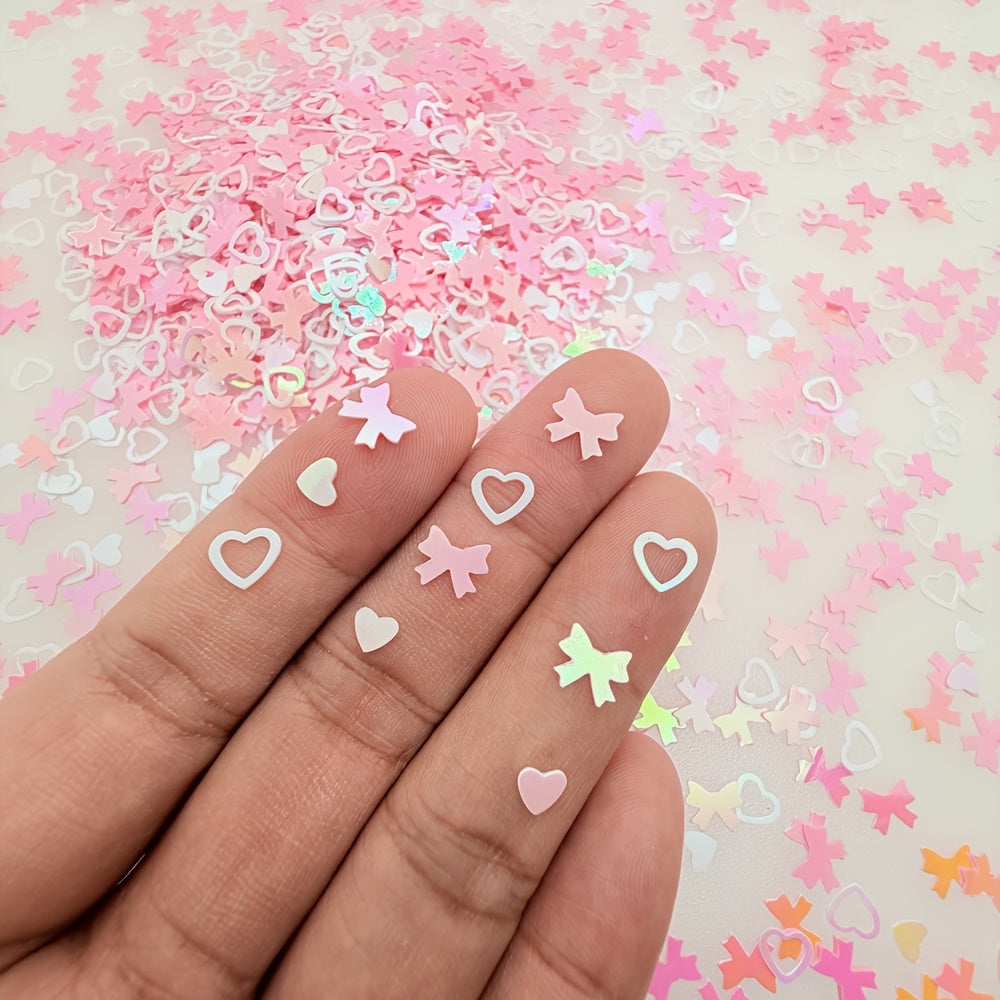 1680pcs, Shimmering Pink Bow And White Heart Mix Sequins | Holographic Iridescent Laser Glitter, PVC Material, Laser-Cut, Glossy And Shimmering, Perfect for Parties, Mother'S Day, Weddings, Nail Art, Birthday Parties, Crafts, Pop-Up Cards