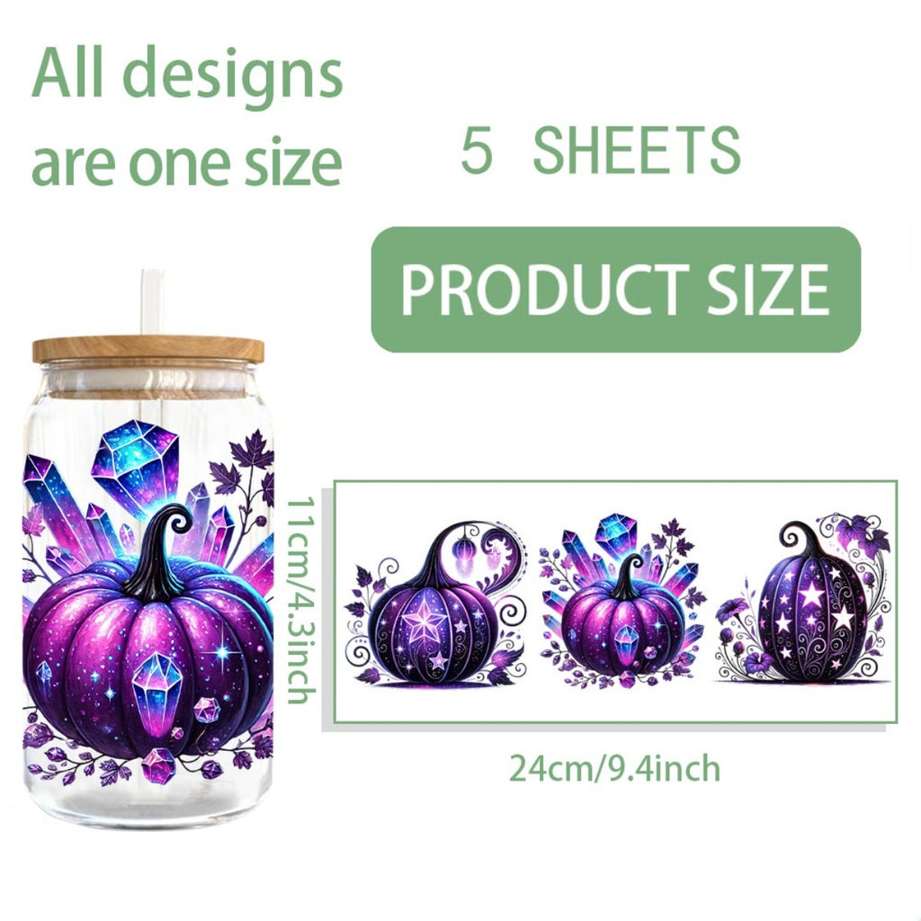 5pcs/SET Purple Evil Pumpkin DIY Light Beigeny Tumblers Wrap Decorative Transfer Paper UV DTF High Self-adhensive Wraps Transfers Decor Transfer Paper On Cup