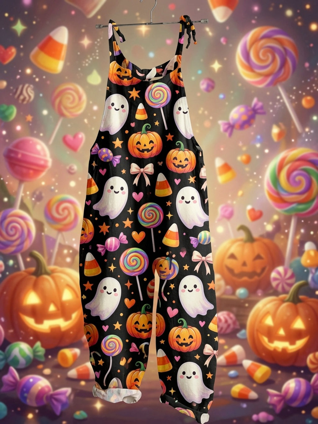 Women'S Halloween Jumpsuit Ghost Pumpkin Print Casual Overalls with Pockets Adjustable Strap Romper for Party