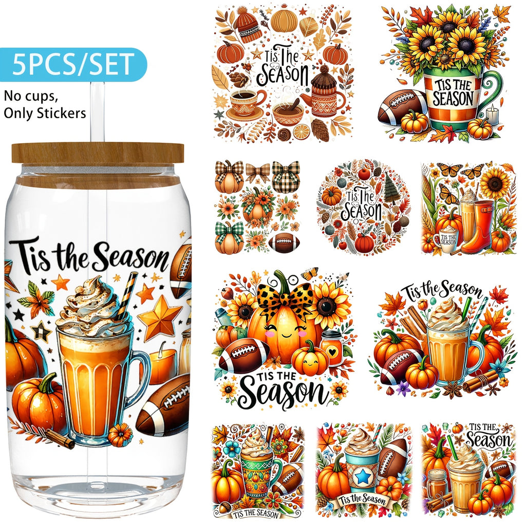 Set of 5 Seasonal Fall UV DTF Wrap Transfer, Designed to Be Waterproof And Scratch-Resistant, Ideal for Tumblers And Bottles. Suitable for 16 Oz And 40 Oz Cups, Mugs, And Various Crafts, Making Them Perfect for Gifts, Party Decorations