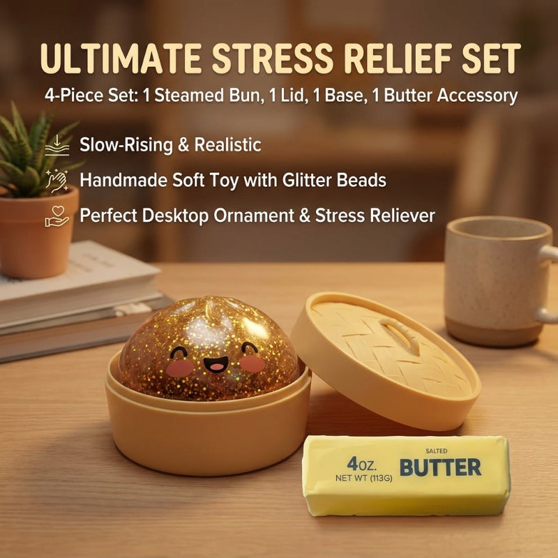 4pcs Set (includes 1 Steamed Bun, 1 Steamer Lid, 1 Steamer Base, and 1 Butter-shaped Accessory) - A Slow-rising, Realistic Steamed Bun Soft Toy Set Featuring Glitter Beads; a Handmade, Soft Stress-relief Toy That Serves as Both a Stress Reliever