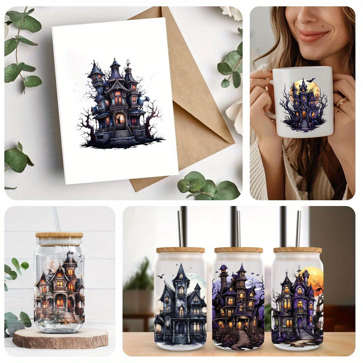5pcs/SET Halloween Dark Castle DIY Light Beigeny Tumblers Wrap Decorative transfer paper UV DTF High Self-adhensive Wraps Transfers Decor Transfer Paper On Cup