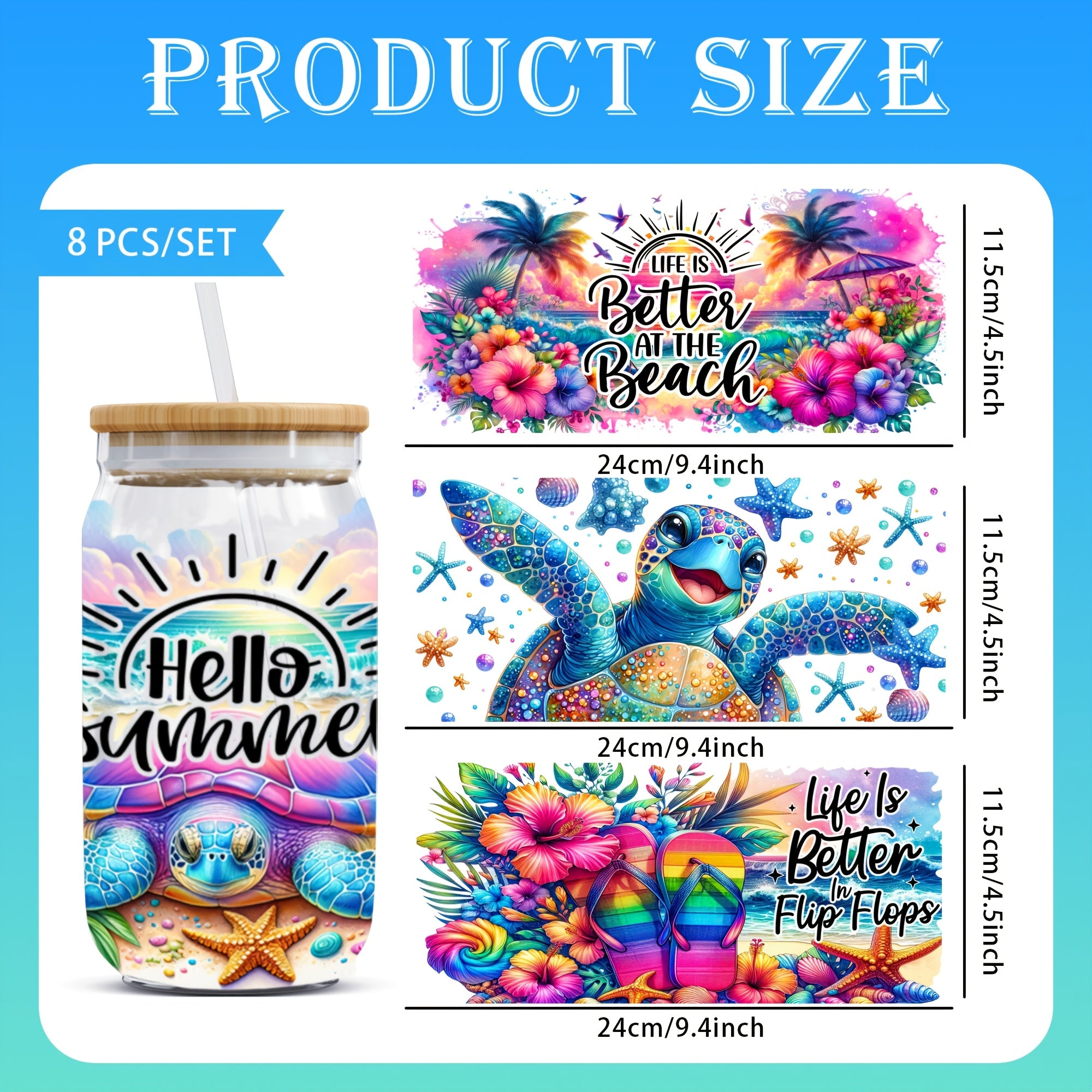 Set of 8 Summer Ocean UV DTF Vinyl Sheets, Waterproof Transfer Paper for 16 Oz Glass Jars, Easy to Use, High-Quality Decorative Paper