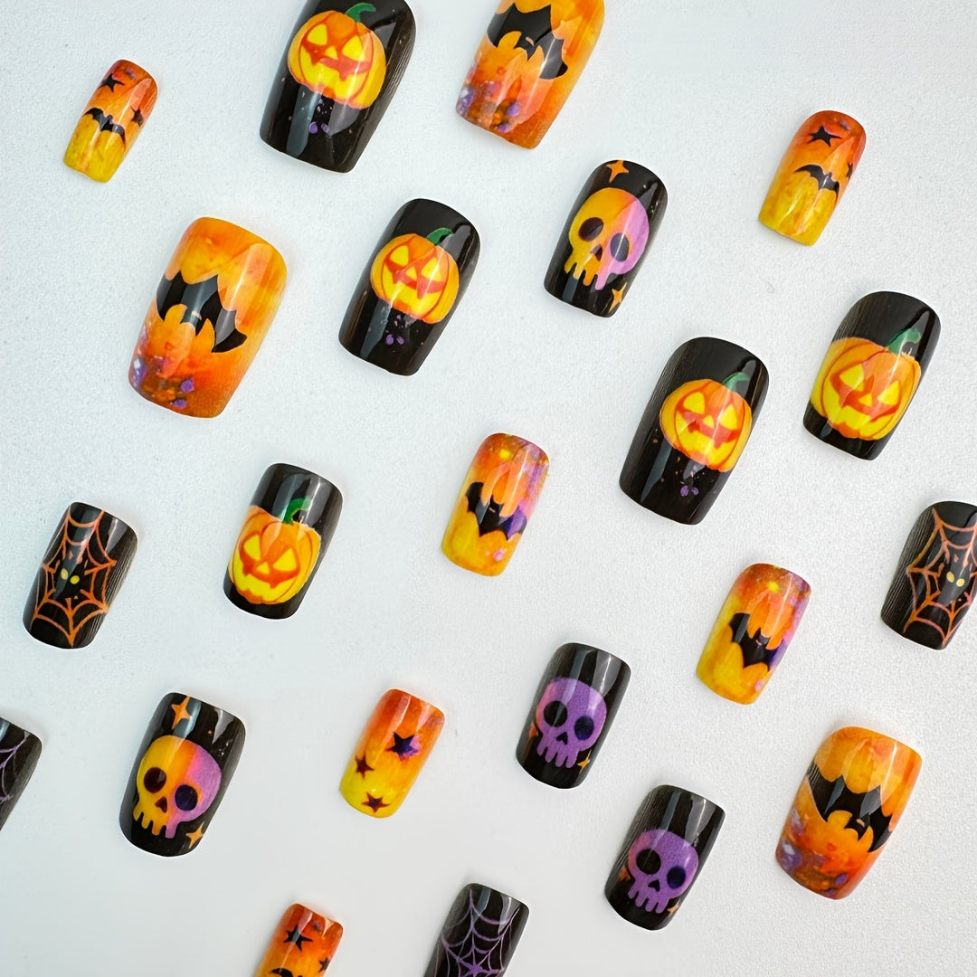 24pcs Medium European Square Fake Nails, Halloween Pumpkin Spiderweb Press-On Nail Design, Glossy Detachable False Nail Tips