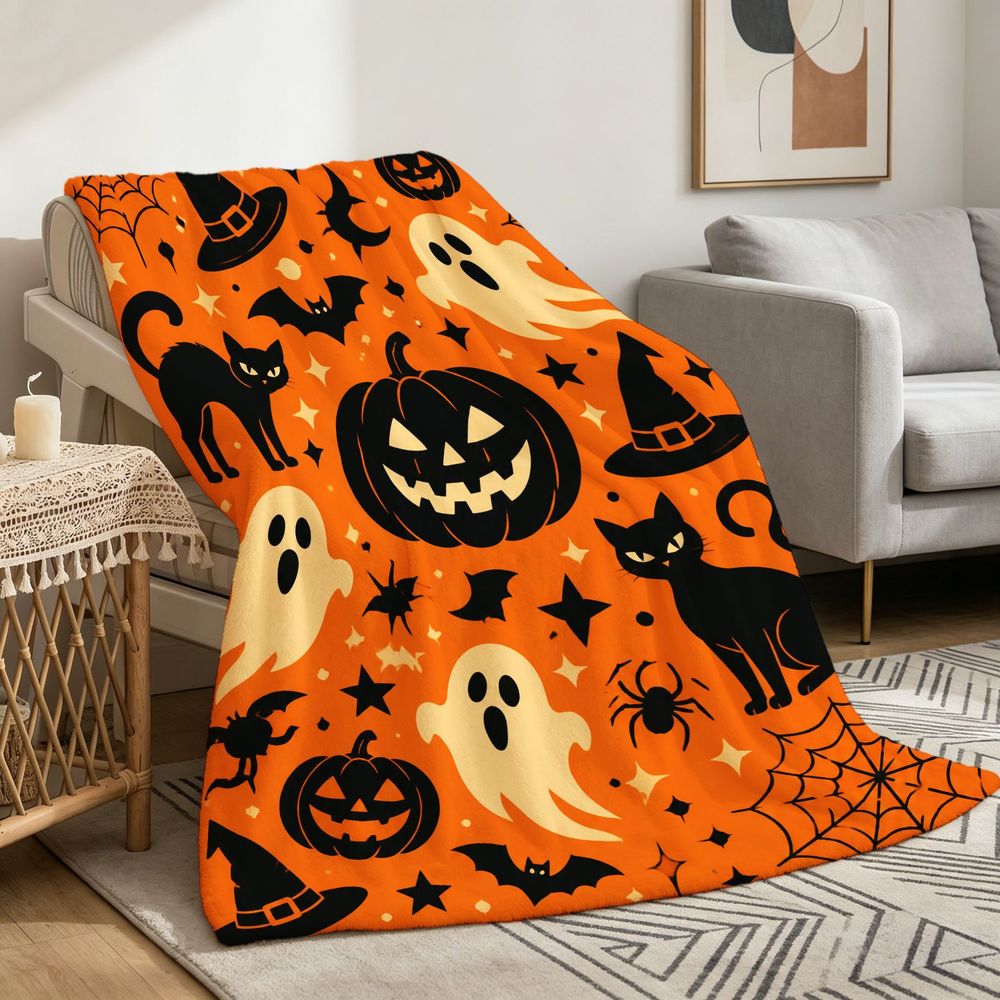 Cozy Halloween Fleece Throw Blanket Featuring Jack O Lanterns Black Cats Ghosts And Bats Soft Decorative Bedspread for Living Room Bedroom Sofa Home Decor Holiday Gift