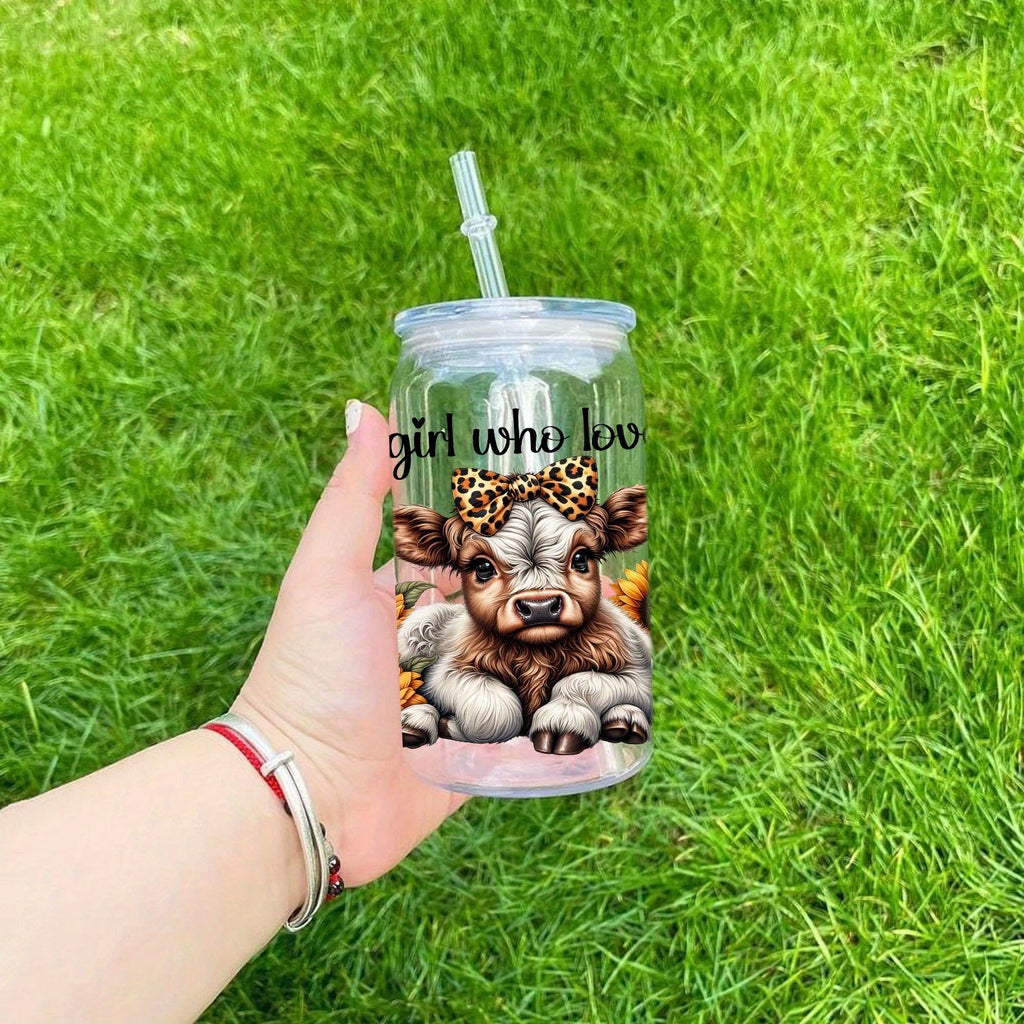4pcs Cute Highland Cow UV DTF Cup Wraps, Transfer Stickers DlY for Glass 160z Glass Cups&Bottles Wraps, Fashion Women Decals DIY Crafts