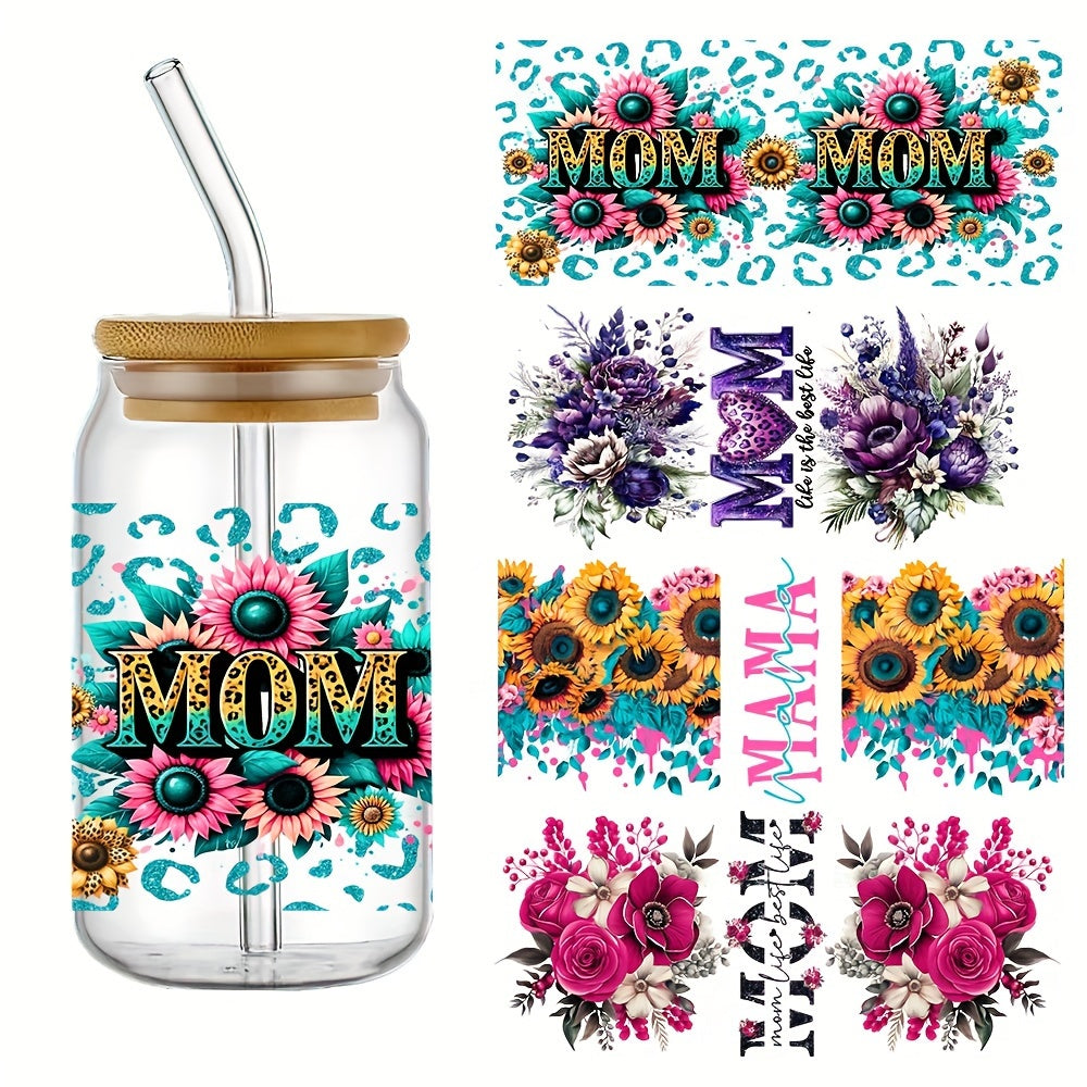 Mom Flowers Transfer Stickers, 4pcs Set, UV DTF Self-Adhesive 3D Crystal Decals for Glassware, Scratch-Resistant Plastic Wrap, High-Quality Stickers for Cups And Bottles - 4.3" X 9.4"