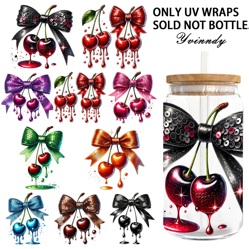 4pcs/SET Waterdrop Bow Cherry DIY Light Beigeny Tumblers Wrap Decorative Transfer Paper UV DTF High Self-adhensive Wraps Transfers Decor Transfer Paper On Cup
