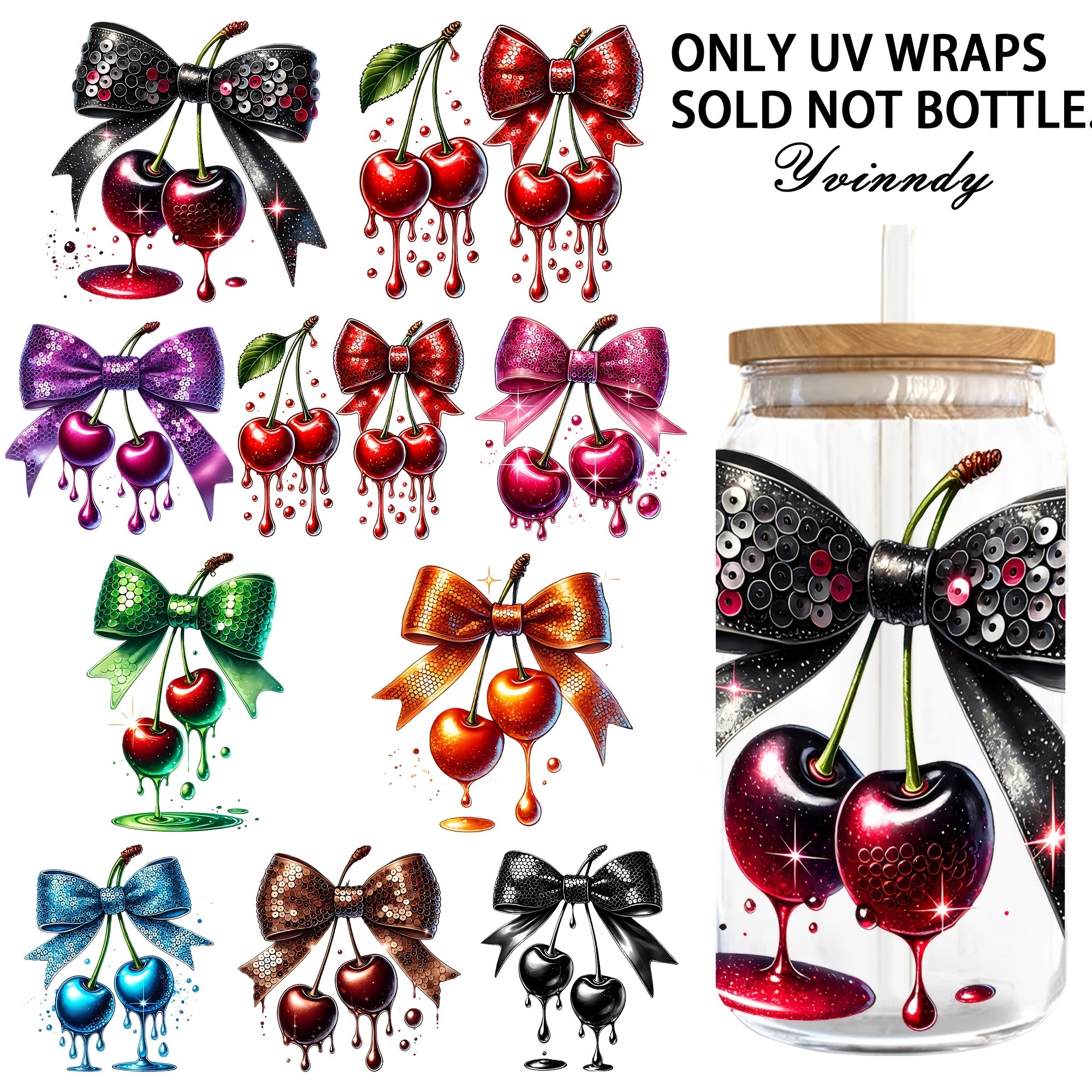 4pcs/SET Waterdrop Bow Cherry DIY Light Beigeny Tumblers Wrap Decorative Transfer Paper UV DTF High Self-adhensive Wraps Transfers Decor Transfer Paper On Cup