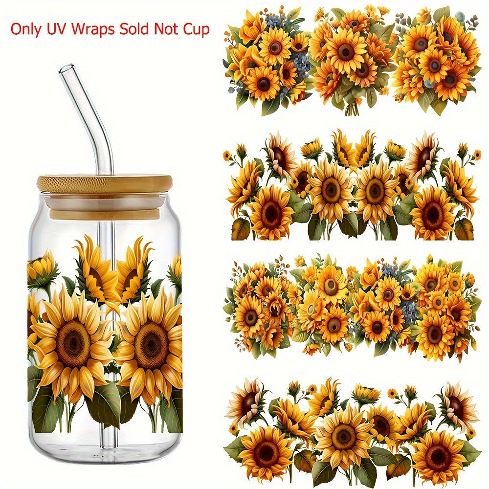 4pcs/set Sunflower UV DTF Cup Packaging Printing Self-adhesive DTF Transfer Suitable for 16oz Glass Jar Packaging, 3D Crystal Labels Waterproof and Scratch-resistant, DIY Packaging Transfer Fashionable Women's DIY Crafts- High Quality(11x 24cm)