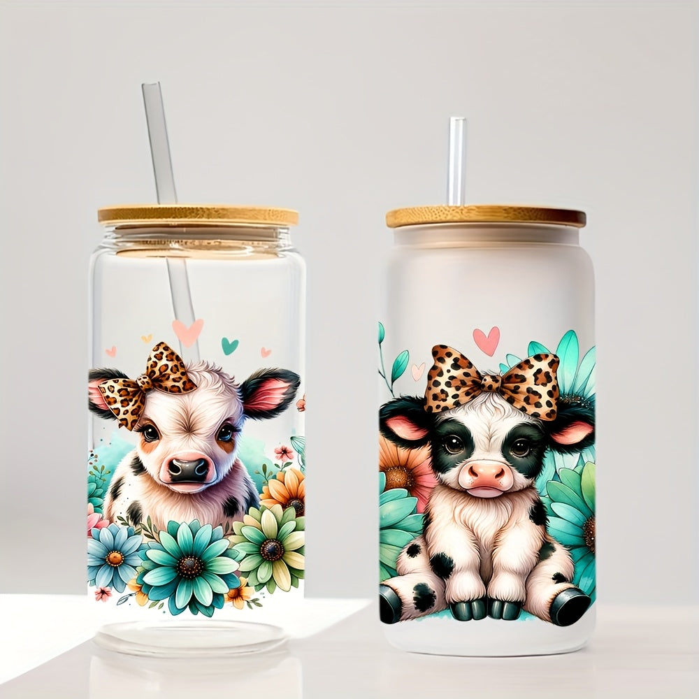 4pcs Cute Highland Cow UV DTF Cup Wraps, Transfer Stickers DlY for Glass 160z Glass Cups&Bottles Wraps, Fashion Women Decals DIY Crafts
