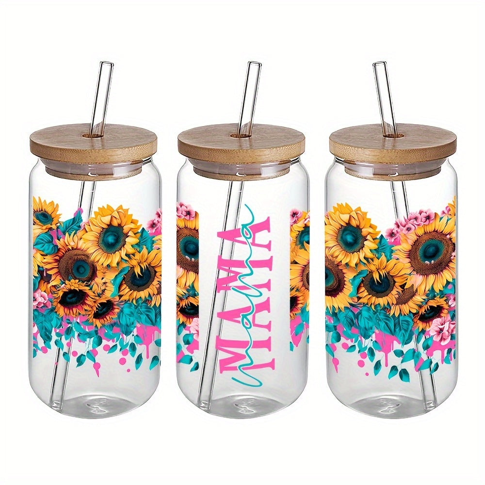 Mom Flowers Transfer Stickers, 4pcs Set, UV DTF Self-Adhesive 3D Crystal Decals for Glassware, Scratch-Resistant Plastic Wrap, High-Quality Stickers for Cups And Bottles - 4.3" X 9.4"