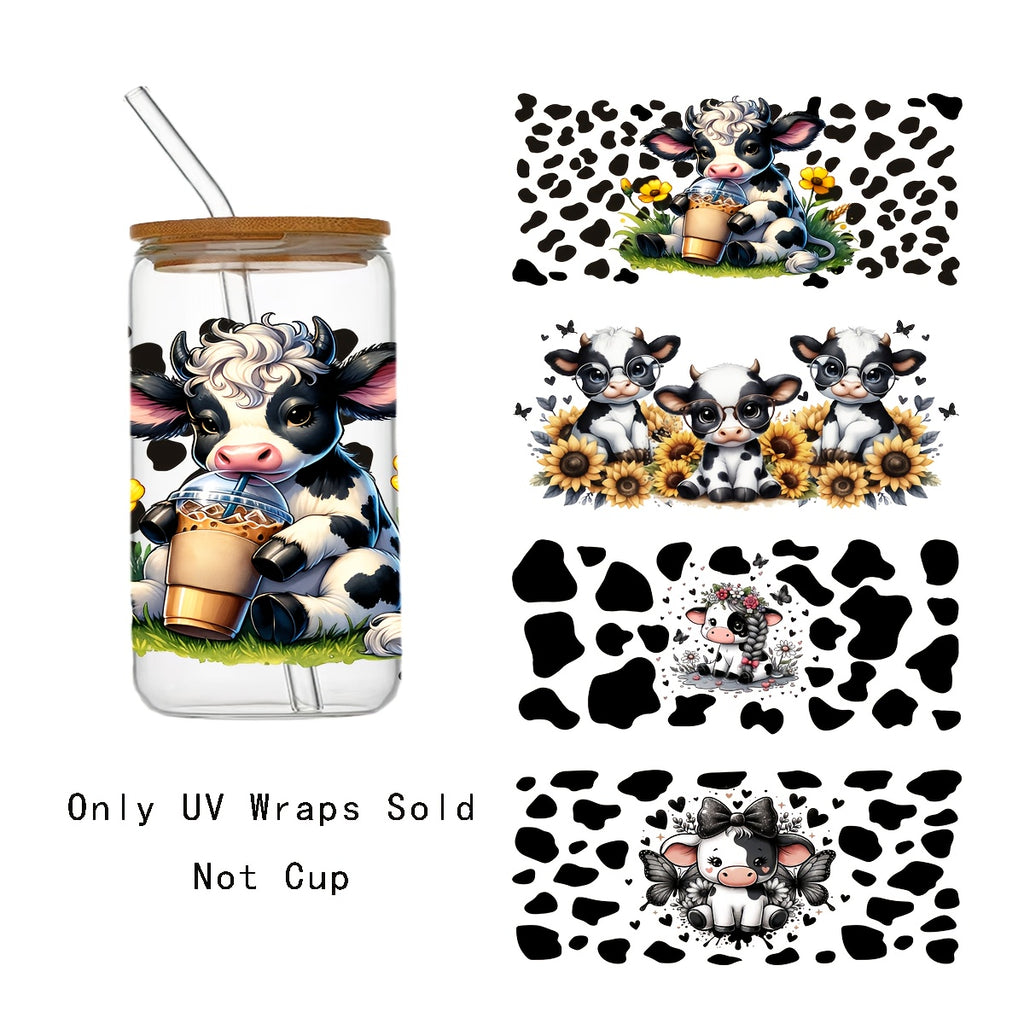 4pcs Set of Cow-themed UV DTF Cup Self-adhesive, Self-adhesive Animal Cow Faces, Suitable for DTF Transfers on 16-ounce Glass Jars, Waterproof and Scratch-resistant DIY Packaging Transfers, DIY Handicrafts, High-quality Cup(11x 24cm) 4.3" X