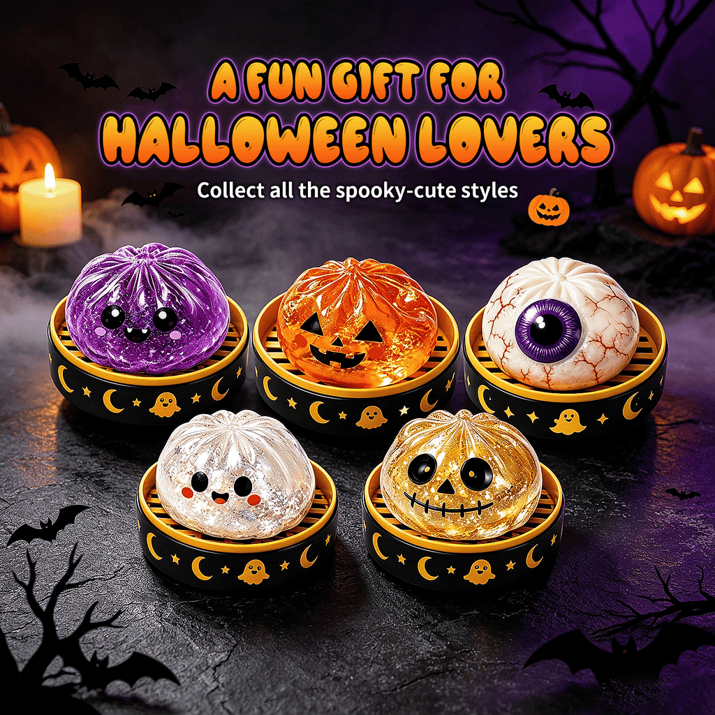 10pcs Halloween Squishy Toys, Including 5 Steamed Buns + 5 Steamer Baskets, Maltose Squeeze Relax Toys, Cute Large Soft Bun Relax Balls, Kids Dumpling Soft Toys, Sensory Toys, Squishy Dough Balls Fidget Toys, Elastic Squeeze