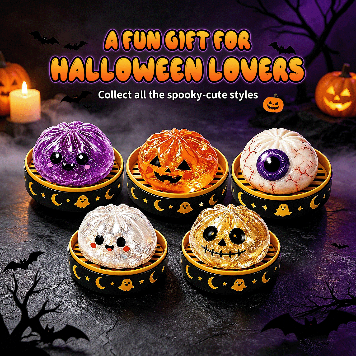 10pcs Halloween Squishy Toys, Including 5 Steamed Buns + 5 Steamer Baskets, Maltose Squeeze Relax Toys, Cute Large Soft Bun Relax Balls, Kids Dumpling Soft Toys, Sensory Toys, Squishy Dough Balls Fidget Toys, Elastic Squeeze
