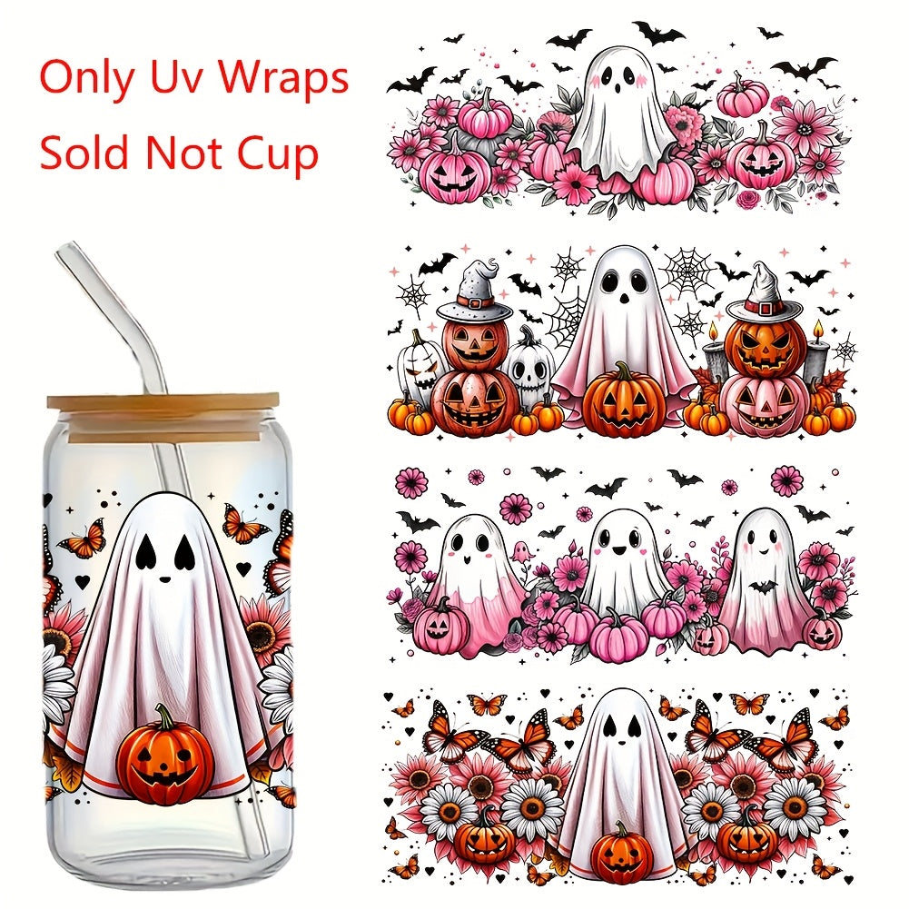 4pcs/Sheet, Halloween Design UV DTF Transfer Paper Set, Cute Style - High-Quality Self-Adhesive Decorative Transfer Paper, Suitable for Hard Items Such As 16-Ounce Glasses And Bottles - Handcrafting