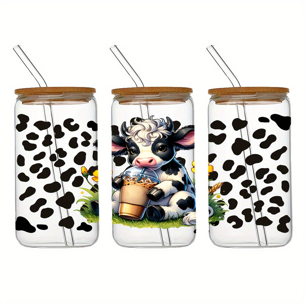 4pcs Set of Cow-themed UV DTF Cup Self-adhesive, Self-adhesive Animal Cow Faces, Suitable for DTF Transfers on 16-ounce Glass Jars, Waterproof and Scratch-resistant DIY Packaging Transfers, DIY Handicrafts, High-quality Cup(11x 24cm) 4.3" X