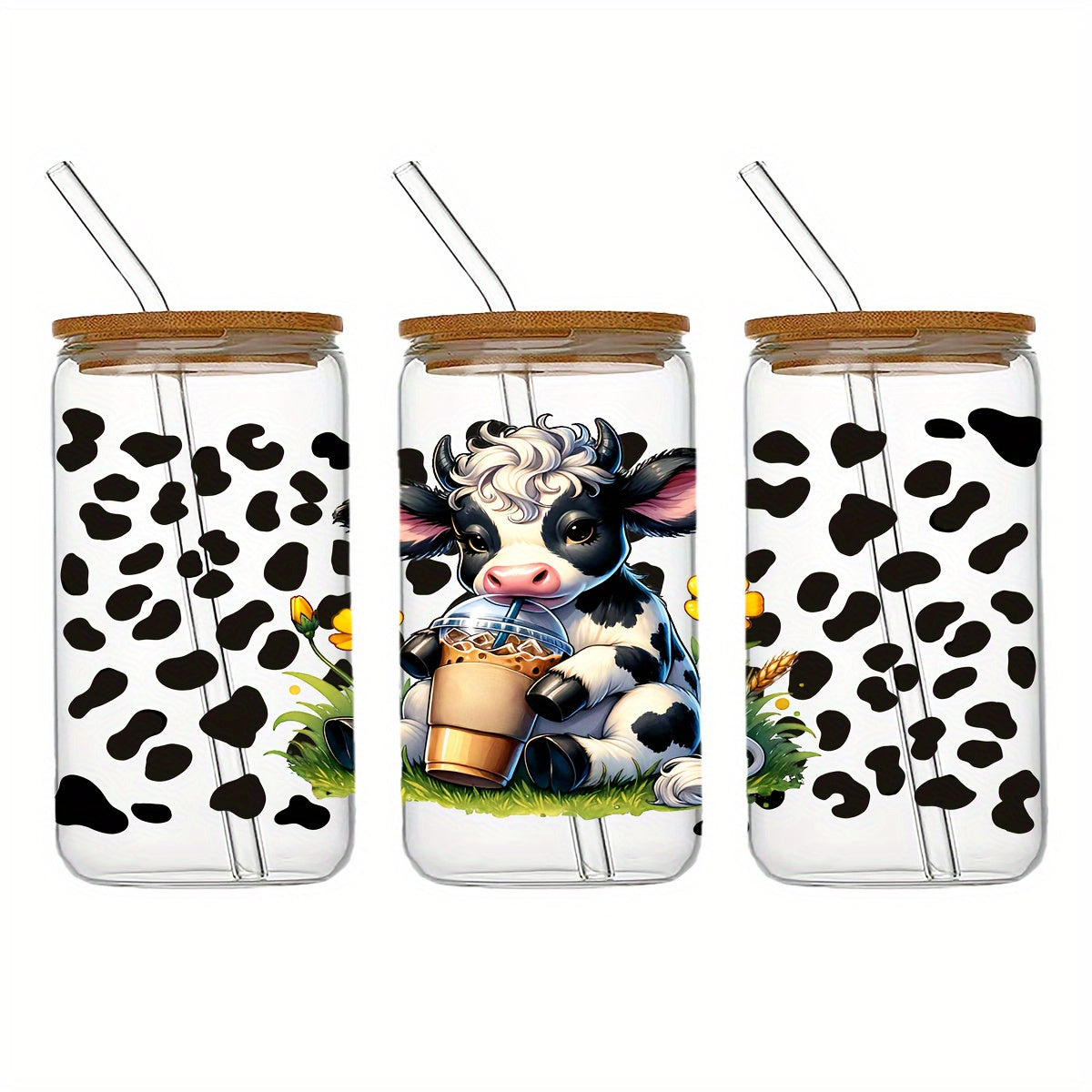 4pcs Set of Cow-themed UV DTF Cup Self-adhesive, Self-adhesive Animal Cow Faces, Suitable for DTF Transfers on 16-ounce Glass Jars, Waterproof and Scratch-resistant DIY Packaging Transfers, DIY Handicrafts, High-quality Cup(11x 24cm) 4.3" X