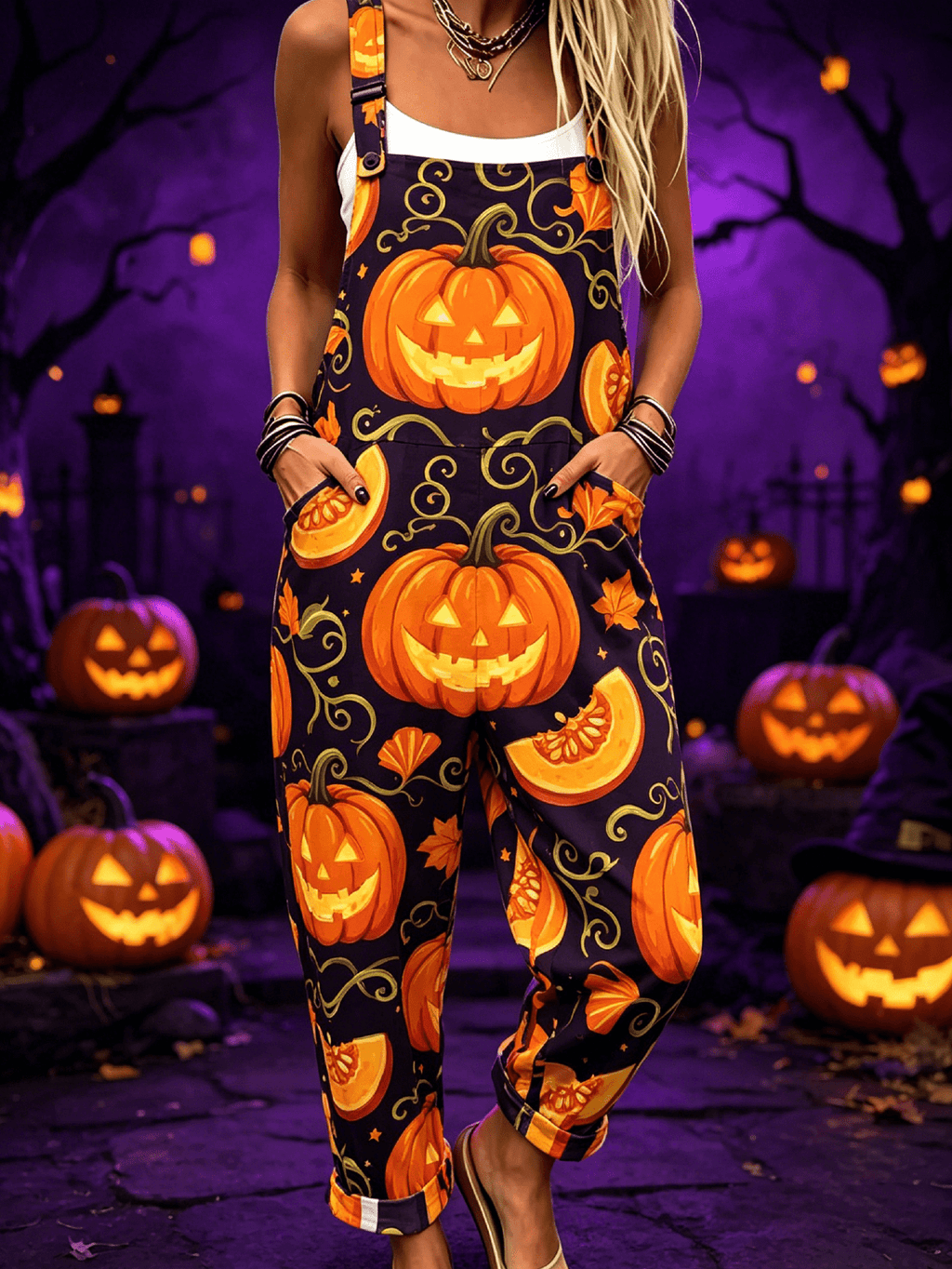 Plus Size - Women'S Halloween Pumpkin Print Overalls Casual Loose Sleeveless Jumpsuit with Pockets Cute Jack-O'-Lantern Print Party Wide-Leg Pants