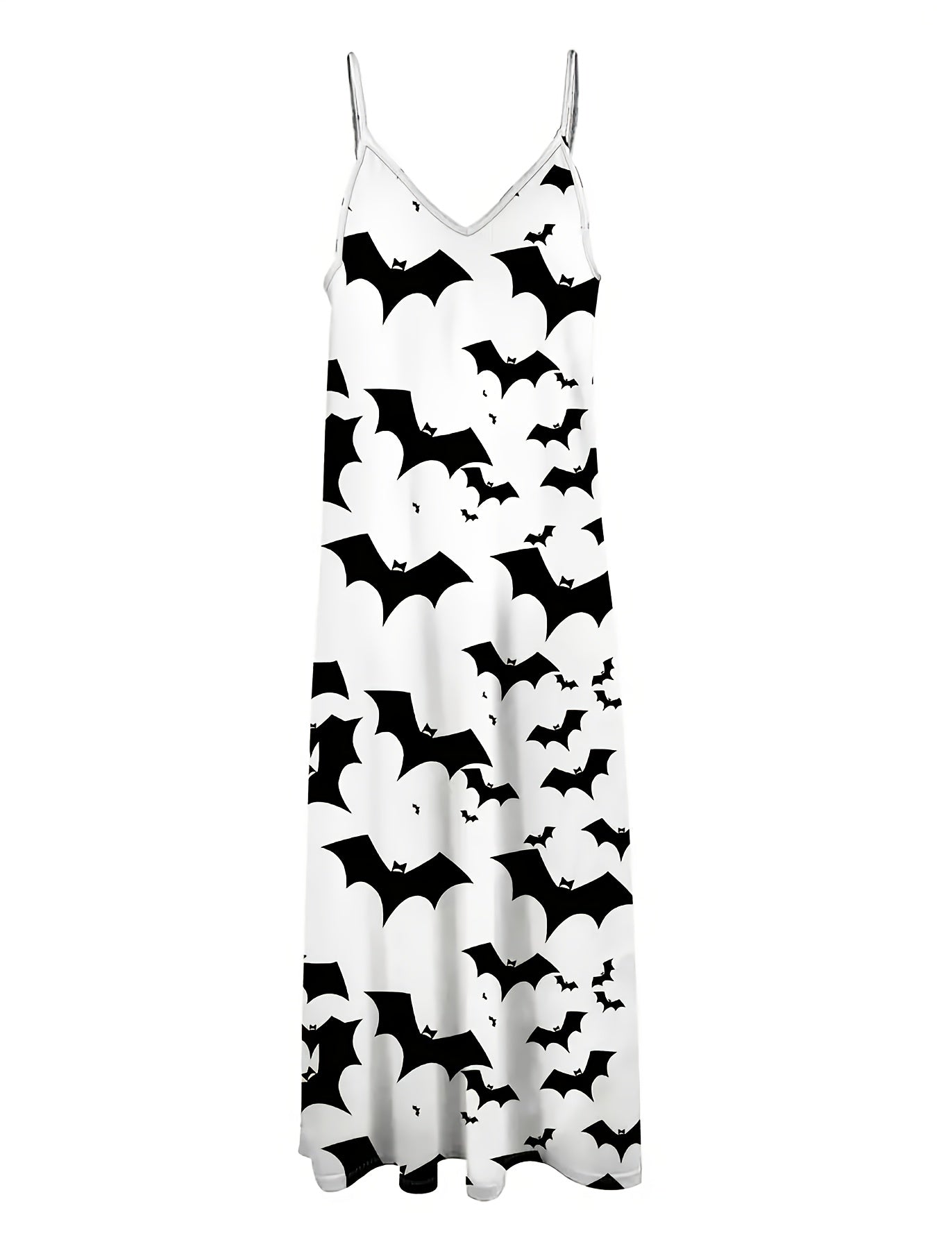Bat Print Sleeveless Long A-Line Dress with a Deep V-Neck, Perfect for Dark-Themed Holiday Parties And Flattering to The Figure