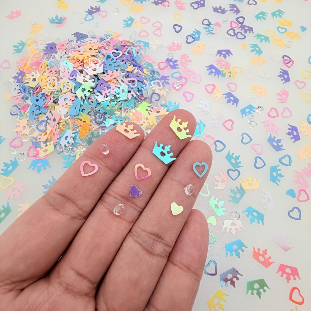 1980pcs, Assorted Glitter Decorations Featuring Sparkling Crowns, Interlocking Hearts, And Rhinestone Shapes | Holographic Iridescent Laser Glitter, PVC Material, Laser-Cut, Glossy And Sparkling, Perfect for Parties, Mother'S Day, Weddings