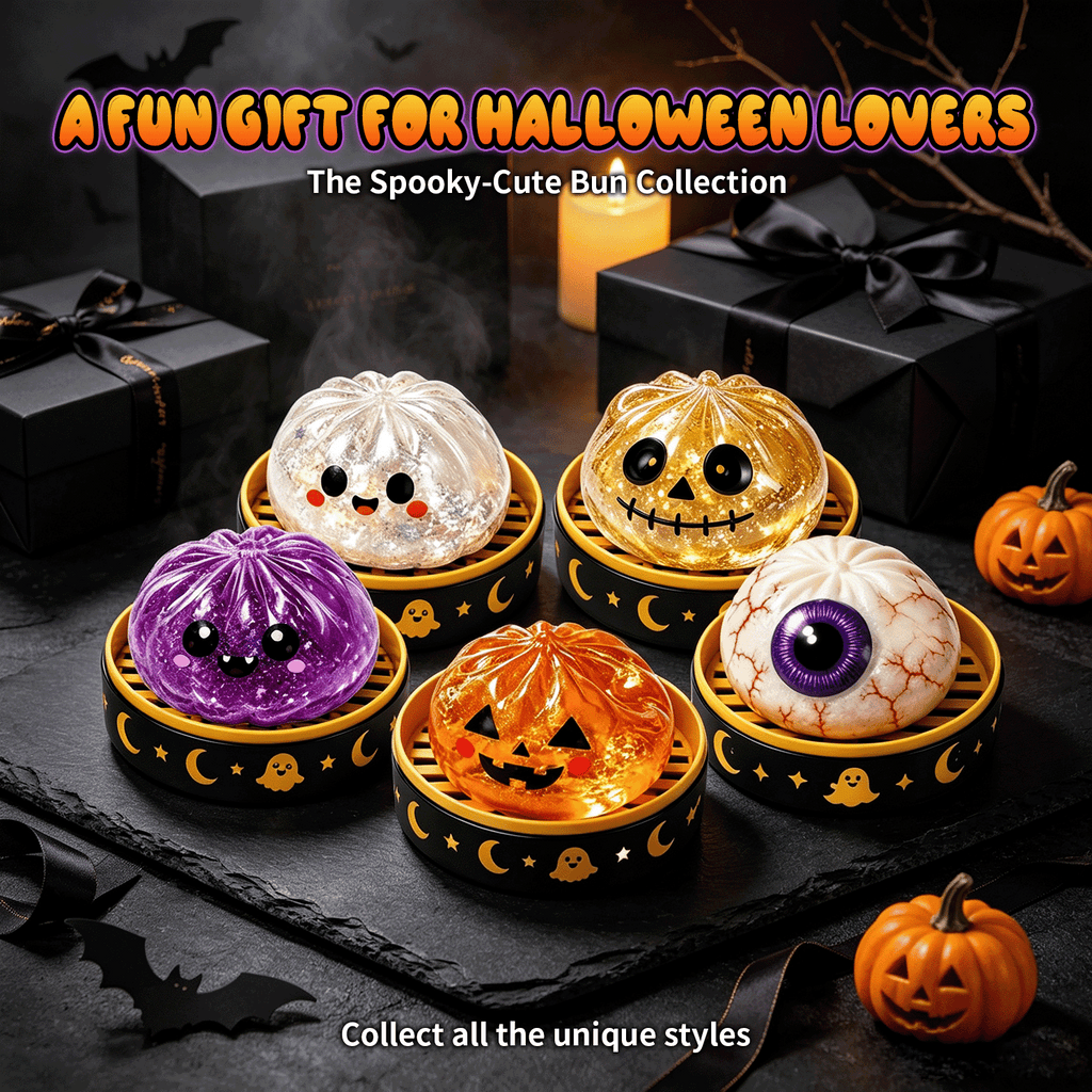 10pcs Halloween Squishy Toys, Including 5 Steamed Buns + 5 Steamer Baskets, Maltose Squeeze Relax Toys, Cute Large Soft Bun Relax Balls, Kids Dumpling Soft Toys, Sensory Toys, Squishy Dough Balls Fidget Toys, Elastic Squeeze