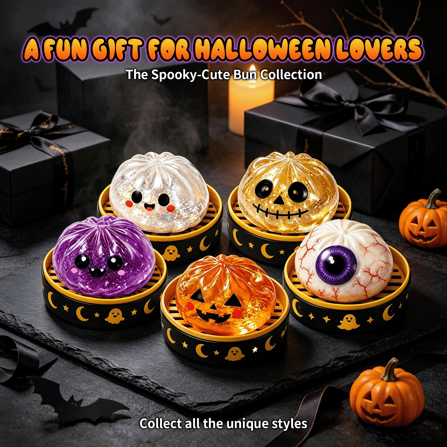 10pcs Halloween Squishy Toys, Including 5 Steamed Buns + 5 Steamer Baskets, Maltose Squeeze Relax Toys, Cute Large Soft Bun Relax Balls, Kids Dumpling Soft Toys, Sensory Toys, Squishy Dough Balls Fidget Toys, Elastic Squeeze