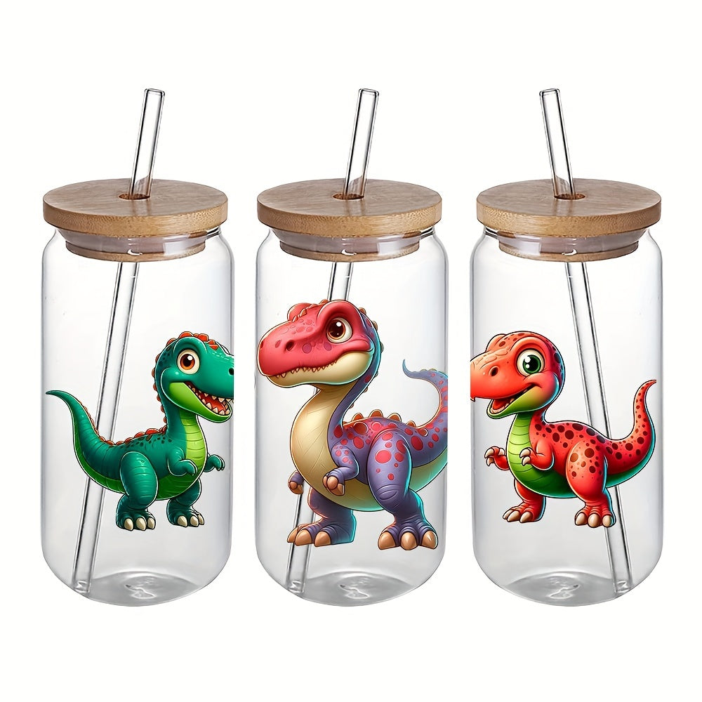 4pcs Funny Dinosaur Sunflower UV DTF Cup Wraps Decals, DlY Waterproof Transfer Paper for 160z Libbey Glass Cup, 3D UV Crystal Label, DIY Transfer Paper- 4.3" x 9.4"