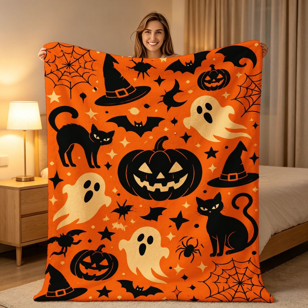 Cozy Halloween Fleece Throw Blanket Featuring Jack O Lanterns Black Cats Ghosts And Bats Soft Decorative Bedspread for Living Room Bedroom Sofa Home Decor Holiday Gift