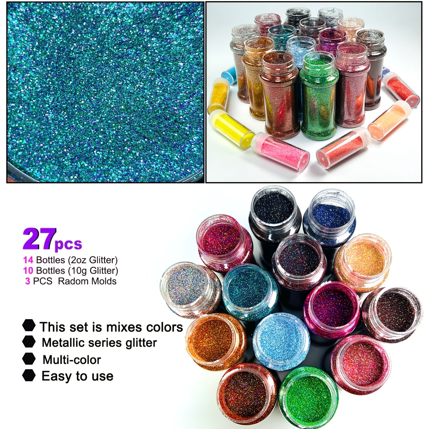 [14+10+3pcs Pack] 2oz Glitter Powder Bottles & 3pcs Resin Molds Suitable for Glass Cup Crafts, Resin Art DIY, Iridescent Fine Powder for Making, Mold Filling Supplies, Glass Crafts for Beginners/Professional