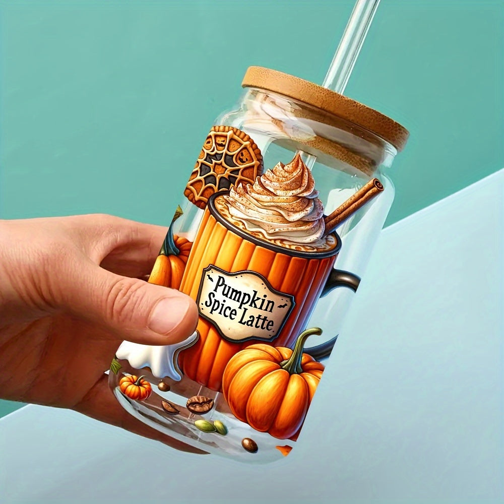 5pcs/Set Halloween Pumpkin 16oz Glass Jars Wrap Halloween Ice Cream Coffee Cup UV DTF High Self-adhensive Decor Wraps On Mugs