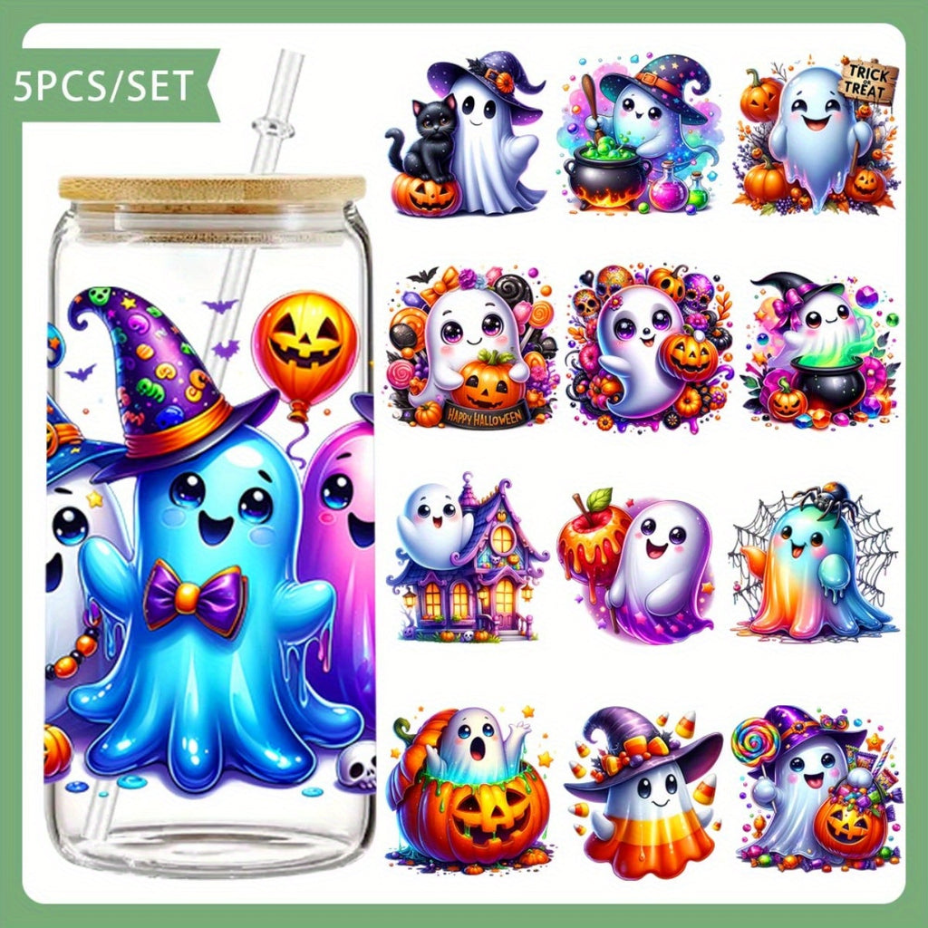 5pcs/Set Halloween Ghosts and Ghosts UV DTF Cup Packaging Suitable for 16 Ounce Glass Jars - Colored Self-Adhesive Transfer Paper DIY Crafts Laptops Notebooks Et