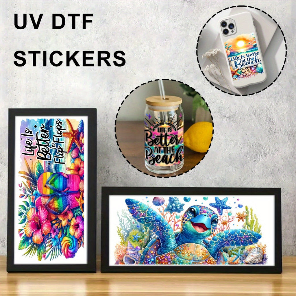 Set of 8 Summer Ocean UV DTF Vinyl Sheets, Waterproof Transfer Paper for 16 Oz Glass Jars, Easy to Use, High-Quality Decorative Paper