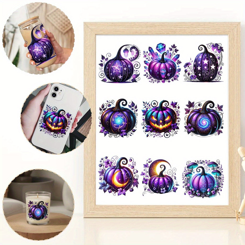 5pcs/SET Purple Evil Pumpkin DIY Light Beigeny Tumblers Wrap Decorative Transfer Paper UV DTF High Self-adhensive Wraps Transfers Decor Transfer Paper On Cup