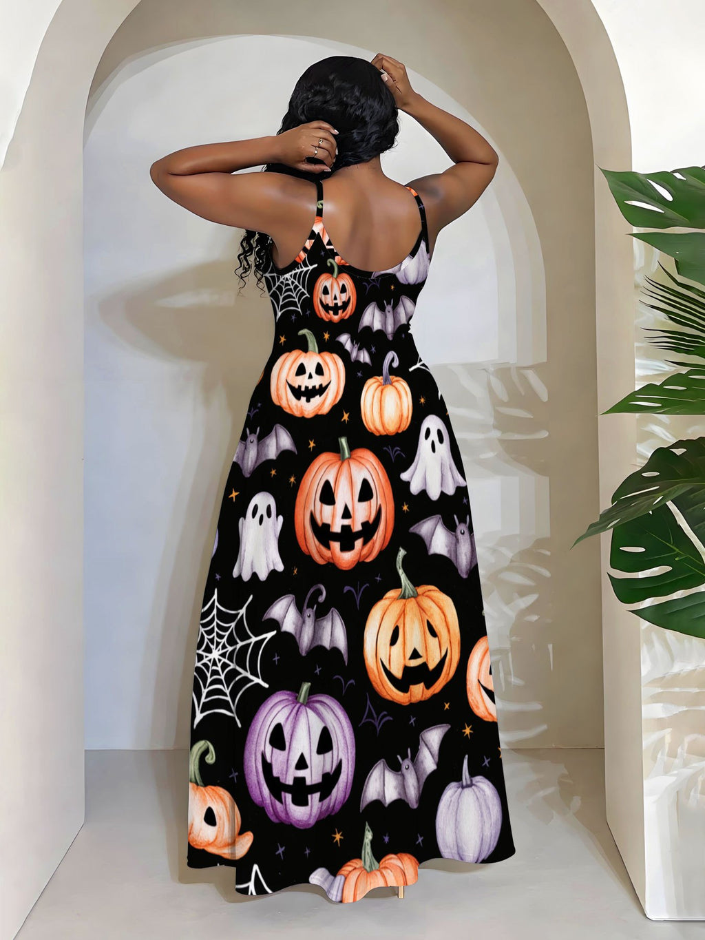 Plus Size Women'S Halloween Pumpkin Ghost Bat Spider Web Printed Suspender Dress V-Neck Sleeveless Long A-Line Skirt Perfect for Spring Summer Casual Sport Wear Halloween Party Chic
