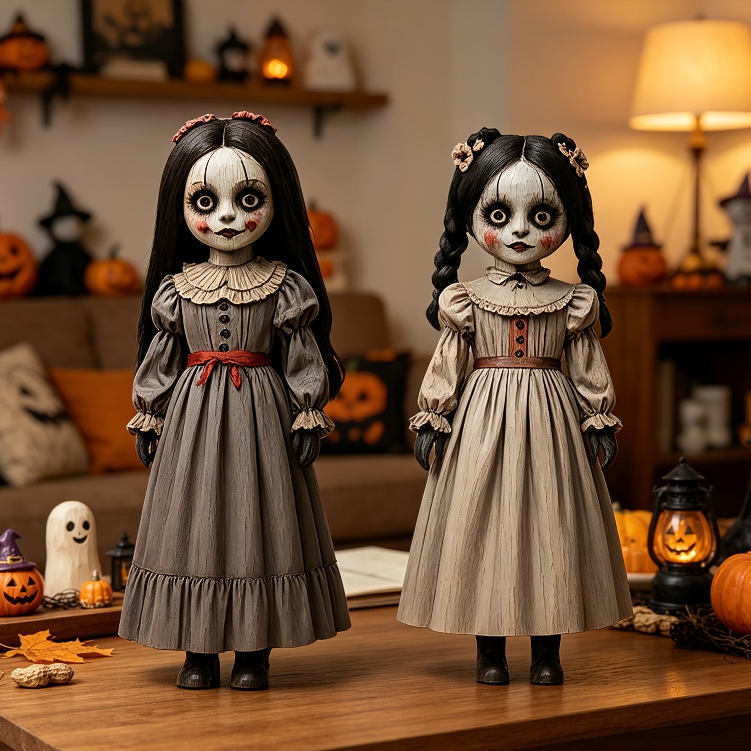 2pcs Little Girl Tiered Tray Decorations - Farmhouse Style Suitable for Halloween & Christmas Centerpiece, Artificial Wood Desktop Display with Figures for Tables, Bookshelves, Fireplace Mantel - Fall Harvest Table Setting Props